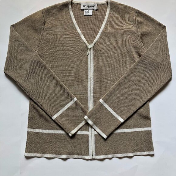 M. Richard Sweaters - M. Richard Beige-Taupe w/Soft White stripe Long-sleeved Zippered Sweater Sz Med